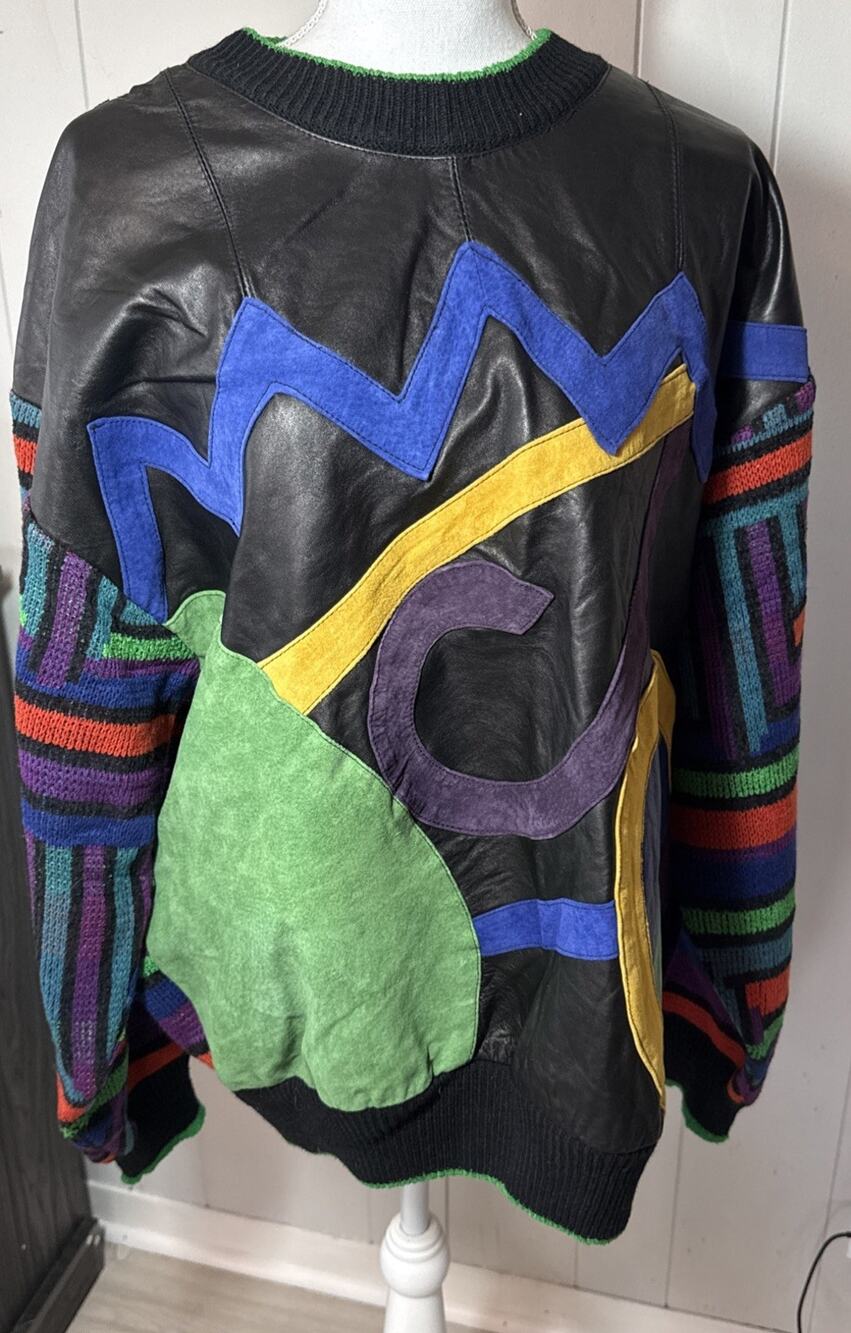 Saxony Vintage Multicolor Leather 3D Knit Pullover Sweater Mens XL V8
